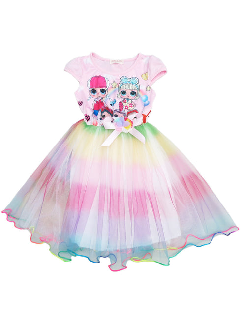 Girls Pink LOL Short Sleeve Satin Bow Rainbow Tulle Dress 12M-8 - SophiasStyle.com